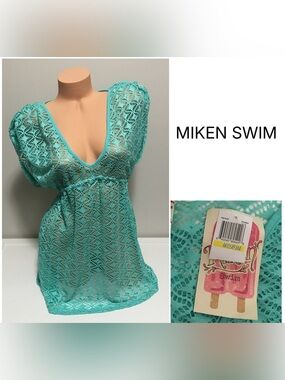 MIKEN SWIM - M - NWT - AQUA BLUE LACE CROCHET COVER UP / KAFTAN TUNIC